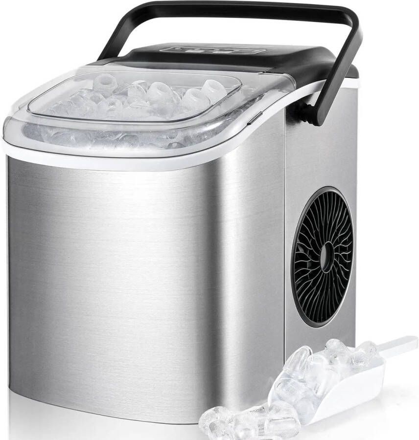IJsblokjesmachine – Voor Keuken Kantoor & Feest – Zilver – Roestvrij Staal – 29x24x29 cm – Inclusief IJsschep – 12 kg 24u – 2 Formaten – Zelfreinigend & Stil – Draagbaar Handvat