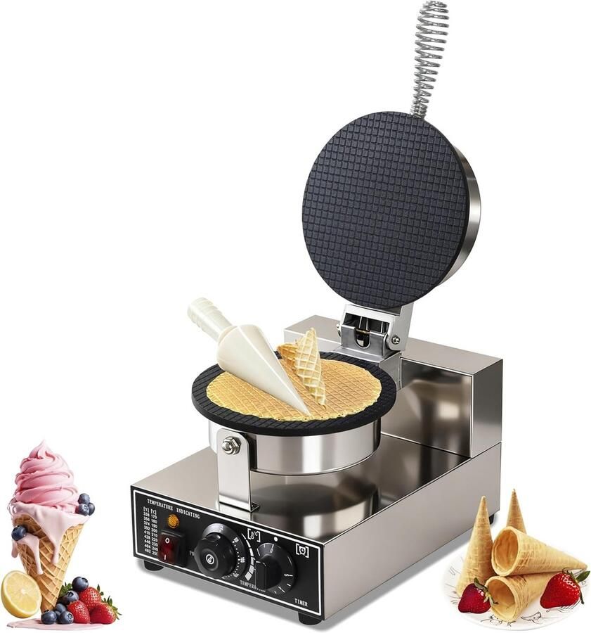 IJskegel Wafelmachine Wafelijzer IJsschaal Maker Wafels Maken Instelbare Temperatuur en Tijd 1250 Watt Zilver