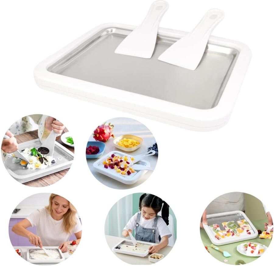 IJskoekenpan Smoothiemaker Yoghurtvriespan Geen elektriciteit nodig Handmatig IJsmachine Vierkante roestvrijstalen plaat Inclusief ijskoekenspatel Voor het maken van smoothies yoghurt ijsblokjes ijs (22 5*17 5 cm Wit)