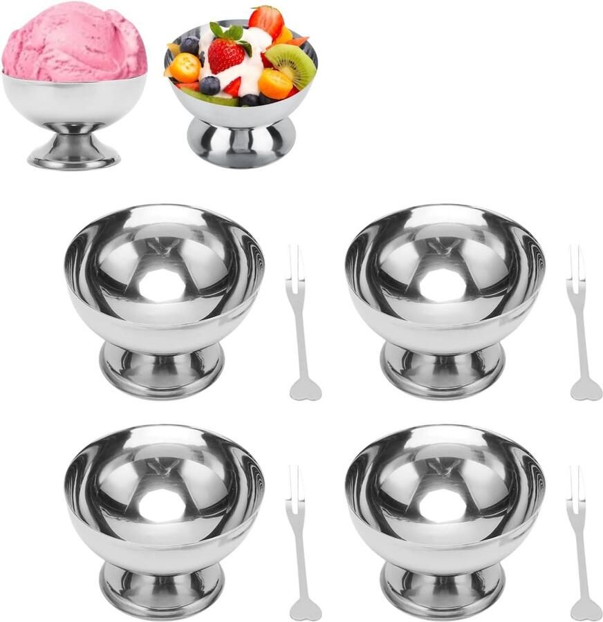 IJskom Set Dessertkommen Met Vorken Genieten Van Desserts Roestvrij Staal 4 Delig Zilver