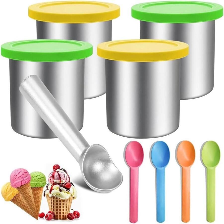 Ijsmachine Containers IJsbakken met Deksel Zelf IJs Maken Voedselveilig Roestvrij Staal 480 ml Geel Groen