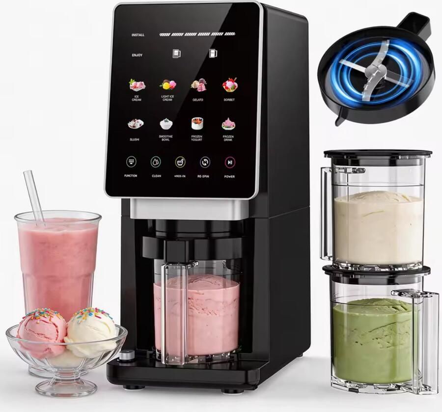 IJsmachine KF-2501G1 – 8-in-1 Multifunctionele IJsbereiding Zelfreinigend 1800W 650ml voor IJs Gelato Sorbet & Smoothies Incl. 3 Bekers