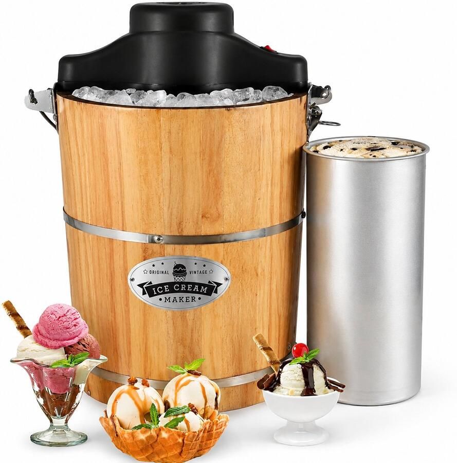 IJsmachine klassieke houten emmer automatische ijsmaker stille werking handmatige draaiknop 5 6 liter voor roomijs sorbet en yoghurtijs