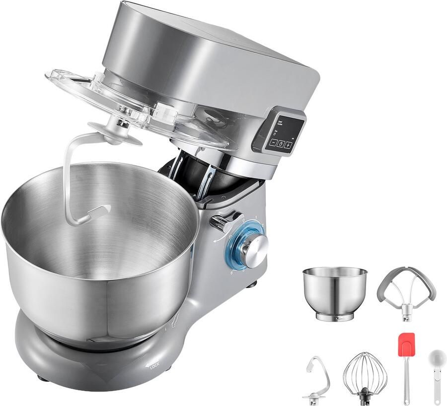 Ijsmachine met Een Capaciteit van 1 7 Liter Elektrische Keukenmixer met 6 Snelheden Led-Display En Timer Inclusief Mengpeddel Deeghaak Spatbescherming Ideaal Voor Zelfgemaakte Bevroren Desserts Grijs