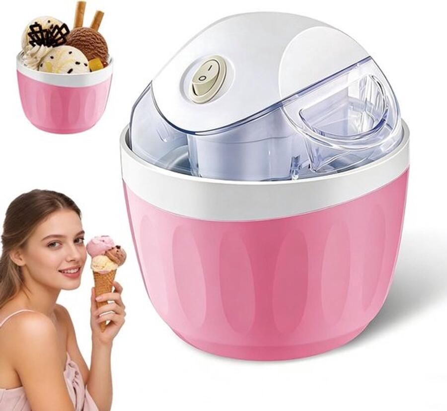 IJsmachine Mini-ijsmachine Elektrisch Bediening met één knop Zelfgemaakt ijs Kan ook gebruikt worden voor het maken van bevroren yoghurt en gelato Geschikt voor thuiskeukens Compact en draagbaar Roze