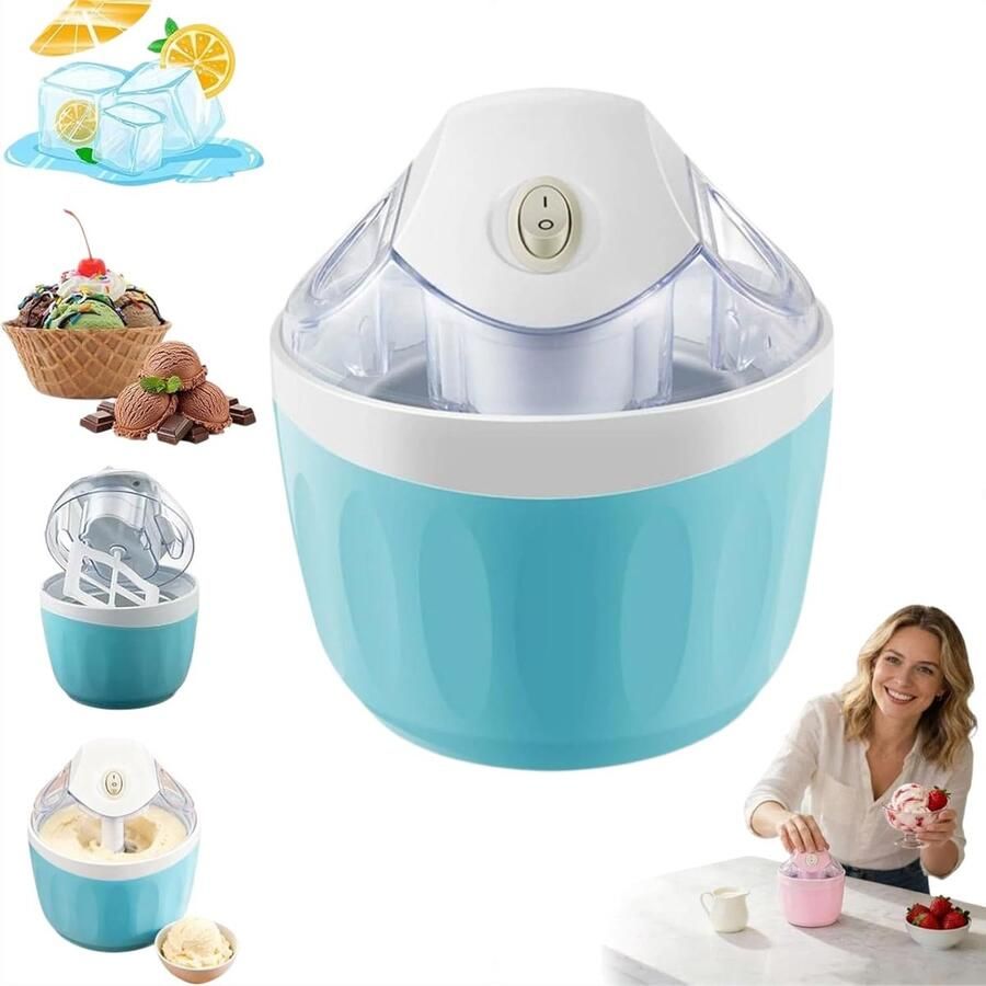 Ijsmachine Roomijsmachine Sorbetmaker Mini ijsmachine Elektrisch One-touch bediening Zelf ijs maken Voor frozen yogurt en gelato Voor thuis en keuken Compact Hemelsblauw