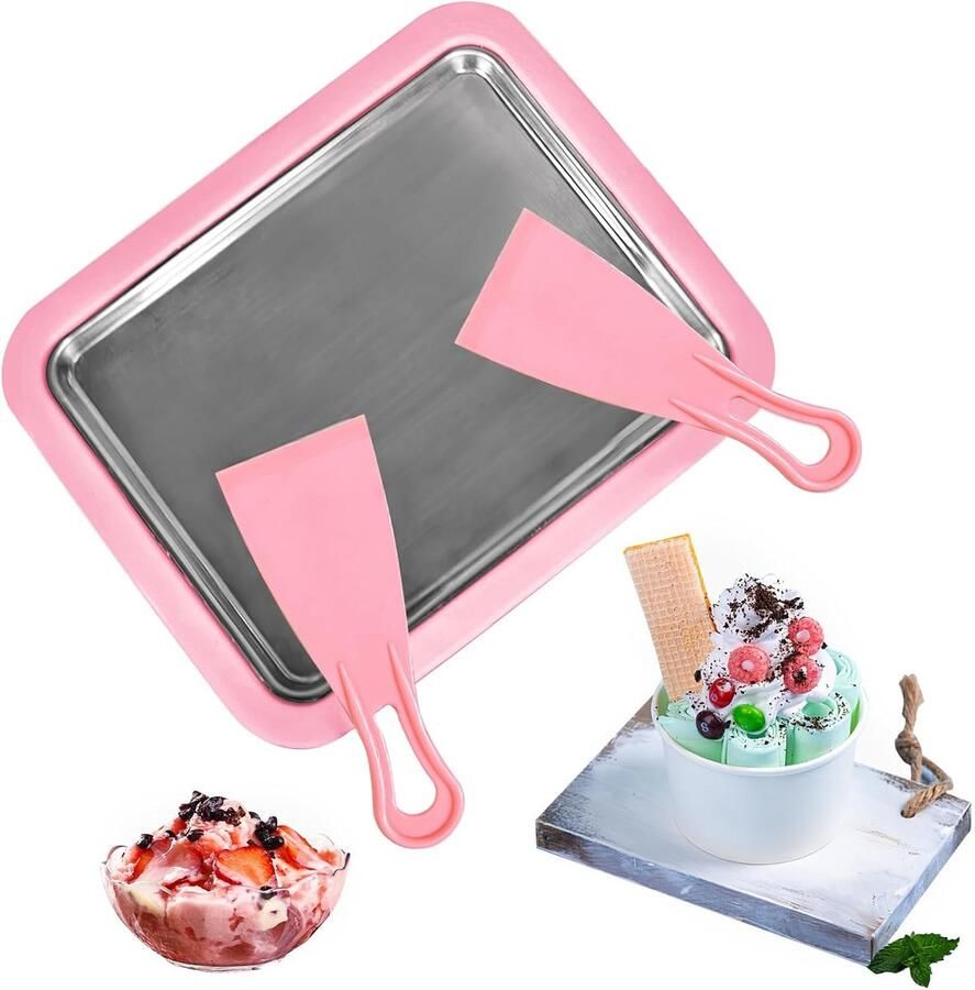 IJsplaat om ijs te maken rolgeleismachineplaat om zelf ijs te maken ijsrolplaat met 2 twee spatels doe-het-zelf ijsmachine voor Gelato sorbet bevroren yogurt (roze)