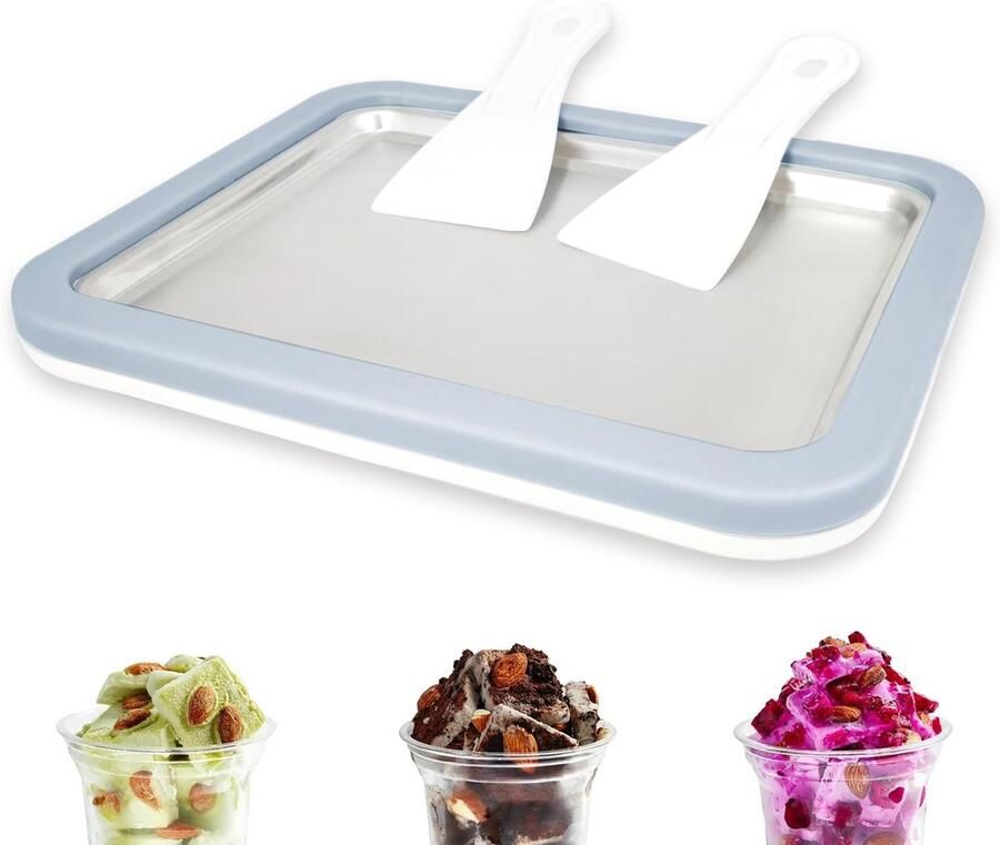 IJsrolletjes Maker Bevroren IJsplaat van RVS Inclusief 2 Spatels Voor Zelfgemaakt IJs Frozen Yoghurt en Sorbet Lichtblauw