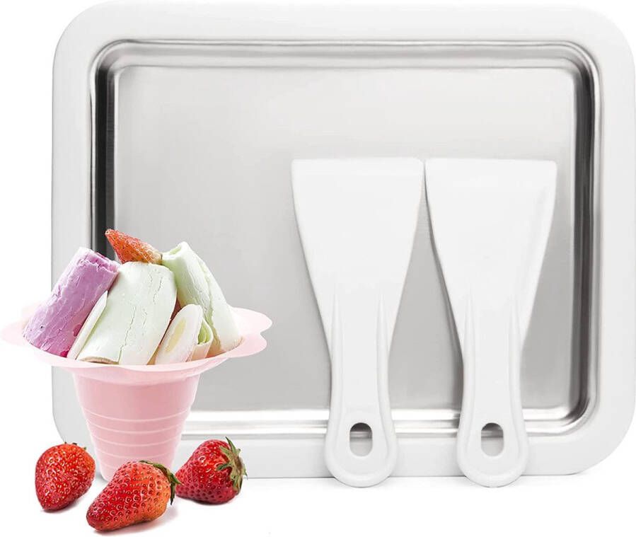 Ijsrolletjes Maker Set Roestvrijstalen Schotel met Antislip Rand + 2 Spatels Perfect voor Ijswerk Frozen Yoghurt & Desserts