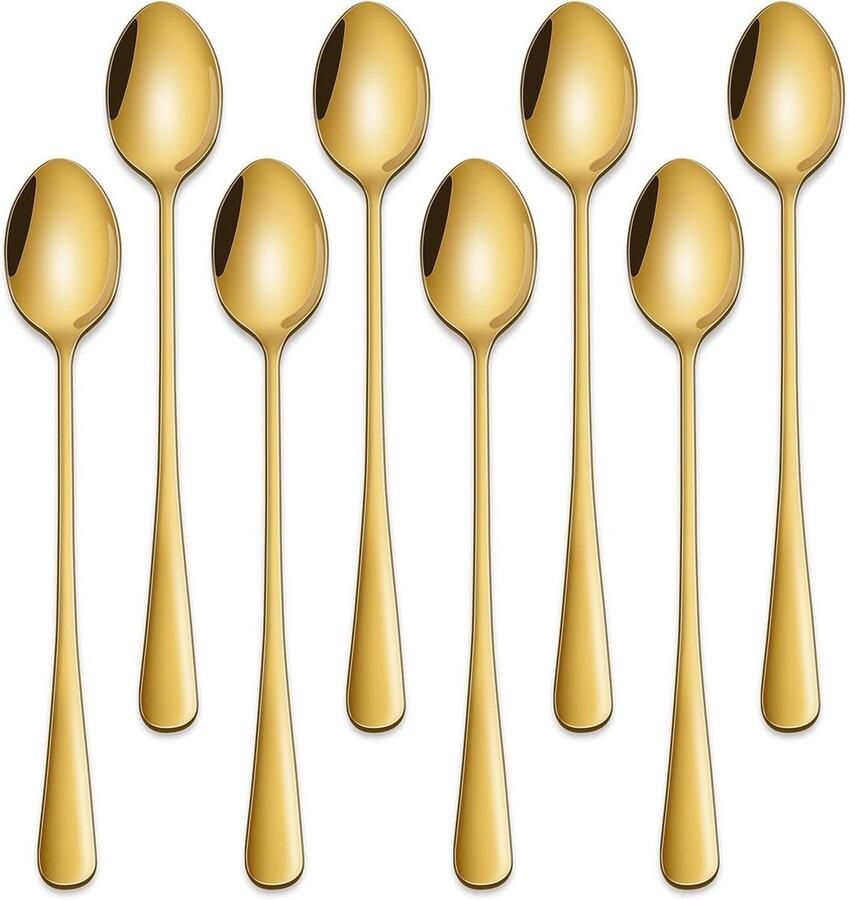 IJstheelepels Goud Koffielepels Lange Steel Dranken Roeren Set van 8 Stuks 19 cm Goud