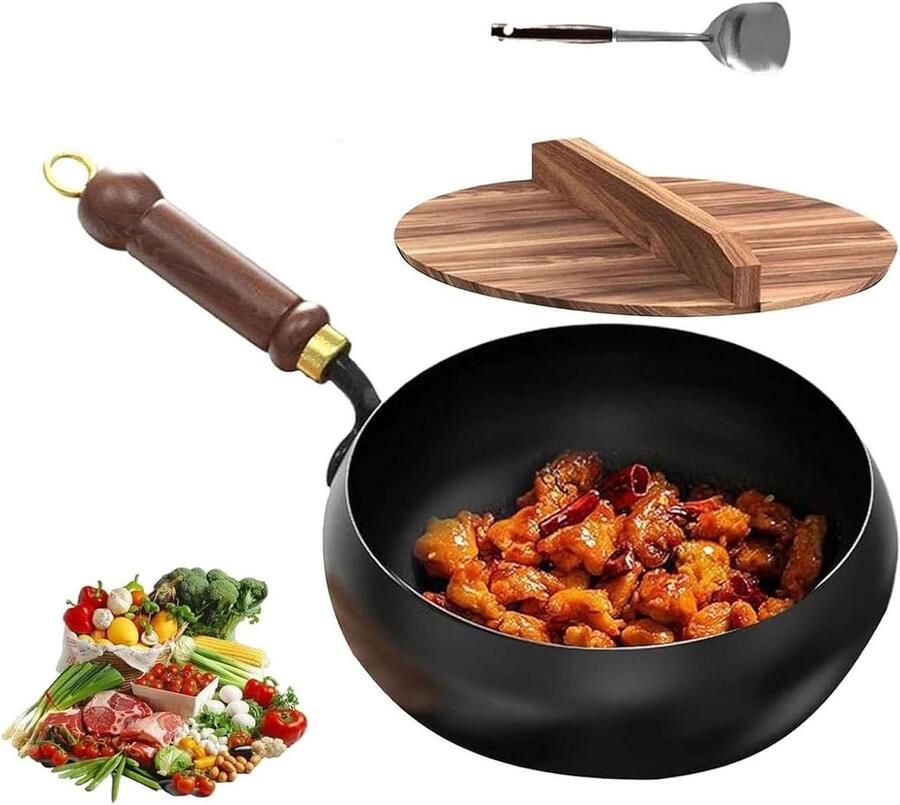 Ijzeren Koekenpan Japanse Wok Handgesmede Pan Koken en Bakken Niet-gecoat Natuurlijk Anti-aanbak 24 cm Zwart