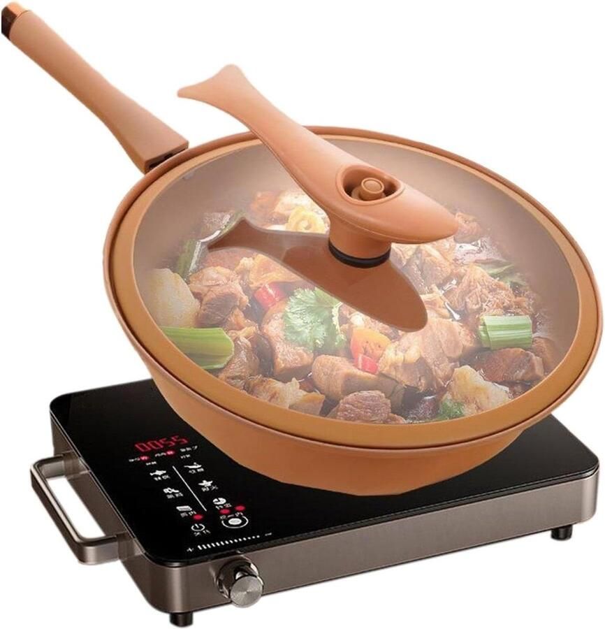 Ijzeren Wok Gebakken Pan Hapjespan Stomen en Koken Trapeziumvormige Textuur 32 Centimeter Zwart
