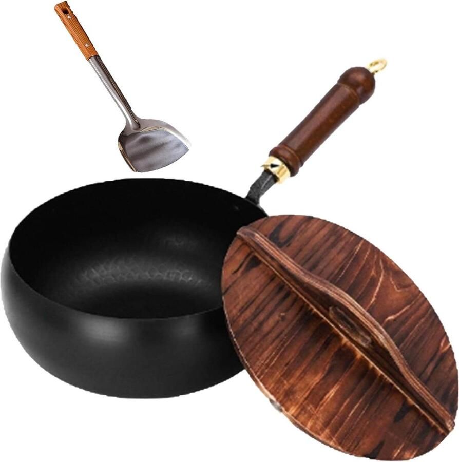 IJzeren Wok Pan Kookpan Koekenpan Roerbakken Koken Handgesmeed Efficiënte Verwarming 28cm Gegamd