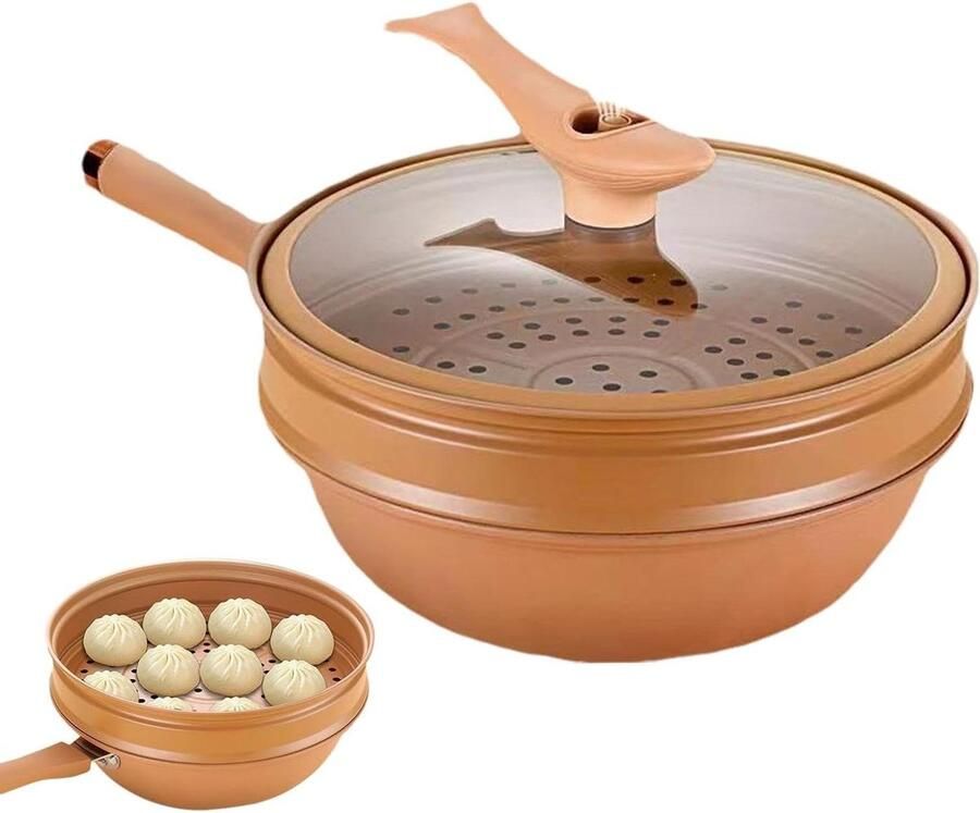 IJzeren Wok Roerbakpan Deksel Veelzijdig Koken Energieconcentrerende Bodem 51 x 32 x 24 cm Zwart