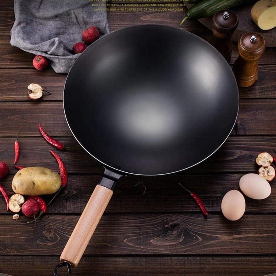 IJzeren Wok Roerbakpan Handgemaakt Traditioneel Koken Geen Antiaanbaklaag 32-36 cm Zwart