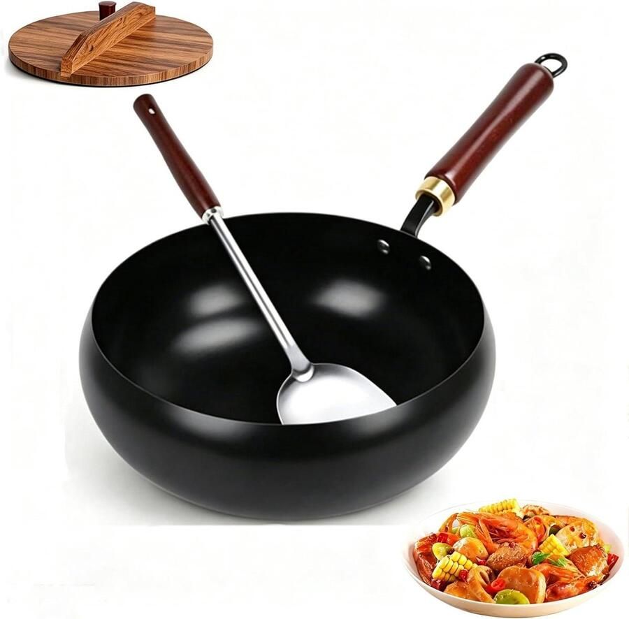 Ijzeren Wokpan Koekenpan Veelzijdig Koken Natuurlijk Antiaanbak 26 cm Houten Deksel