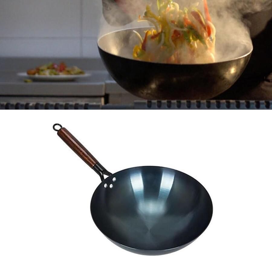 Ijzeren Wokpan Roerbakpan Koekenpan Authentiek Koken Traditioneel ieproces 34cm Ronde Bodem