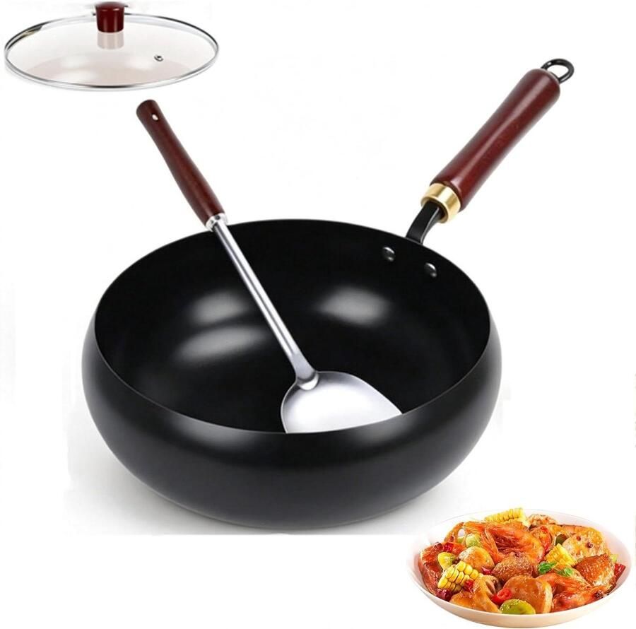 Ijzeren Wokpan Roerbakpan Koekenpan Veelzijdig Koken Natuurlijke Antiaanbaklaag 24 cm Zwart met Glazen Deksel