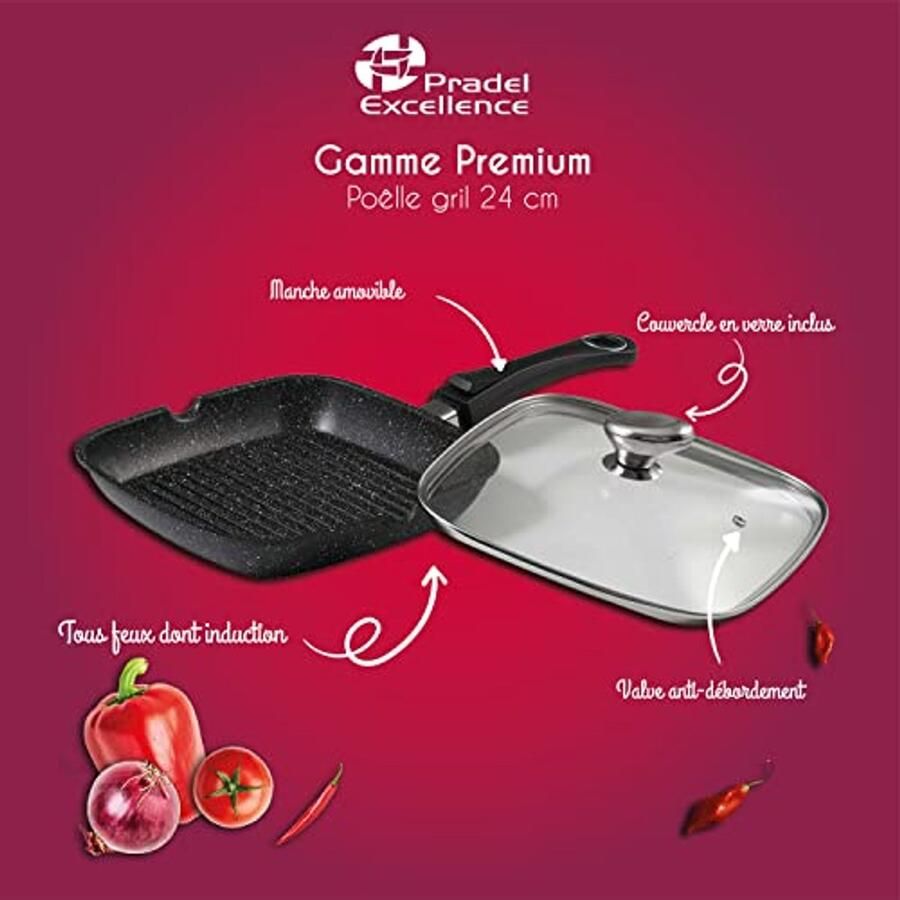 Imitatiesteen Grillpan met Glazen Deksel 24 x 24 cm