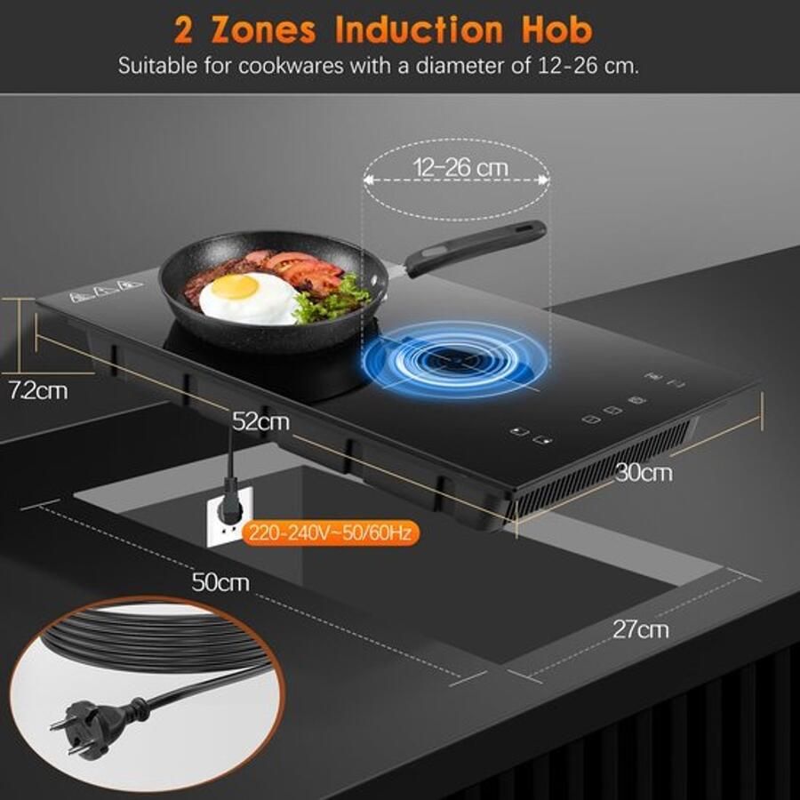 Inbouw Inductiekookplaat 2 Branders 3300 W Vermogen 30 cm Breedte Gehard Glas Elektrisch Koken