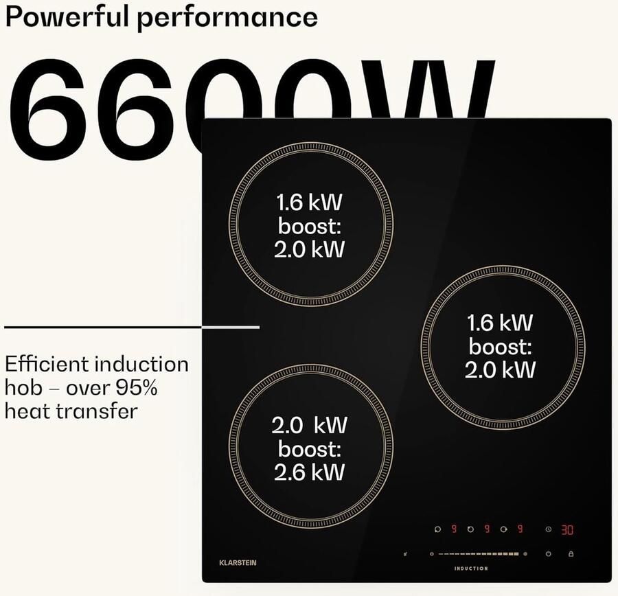 Inbouw Inductiekookplaat 45 cm 3 Zones met Booster Touch Slider Bediening