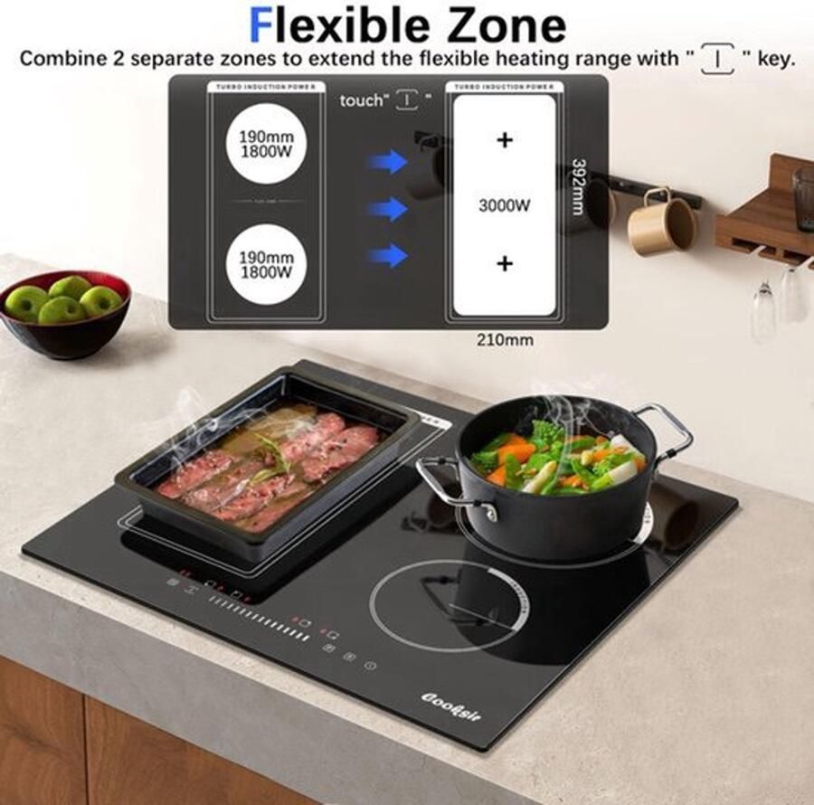 Inbouw Inductiekookplaat 60 cm 3500 W Vermogen 4 Kookzones Met Flexzone Glaskeramiek Zwart Elektrisch Koken