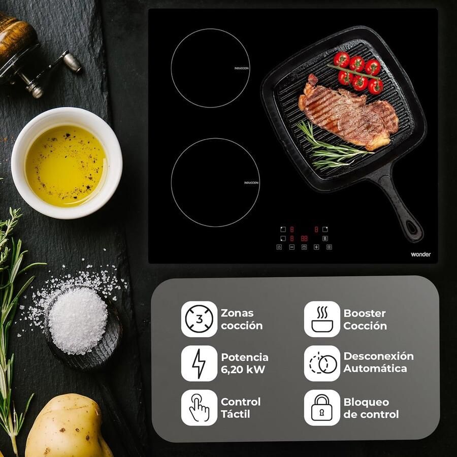 Inbouw Inductiekookplaat Zwart Glas 3 Zones 6200W Vermogen Touch Controle & Turbo Functie