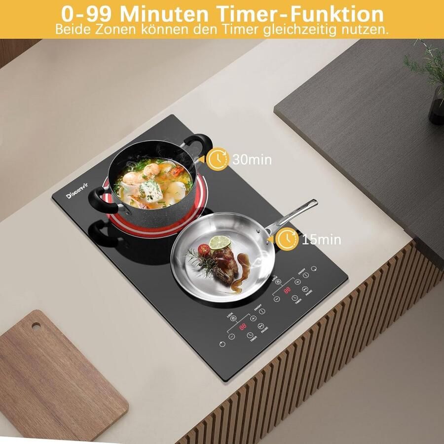 Inbouw Keramische Kookplaat 2 Pits 3000 W – Elektrische Kookplaat met 9 Vermogensstanden en Aanraakbediening