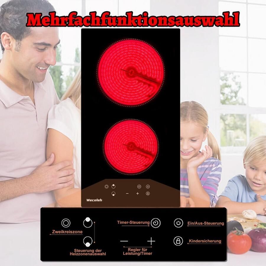 Inbouw Keramische Kookplaat 3200W met 2 Zones en Touch Control