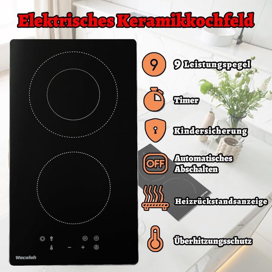 Inbouw Keramische Kookplaat 2 Pitten 3200W met Sensor Touch en RVS Frame