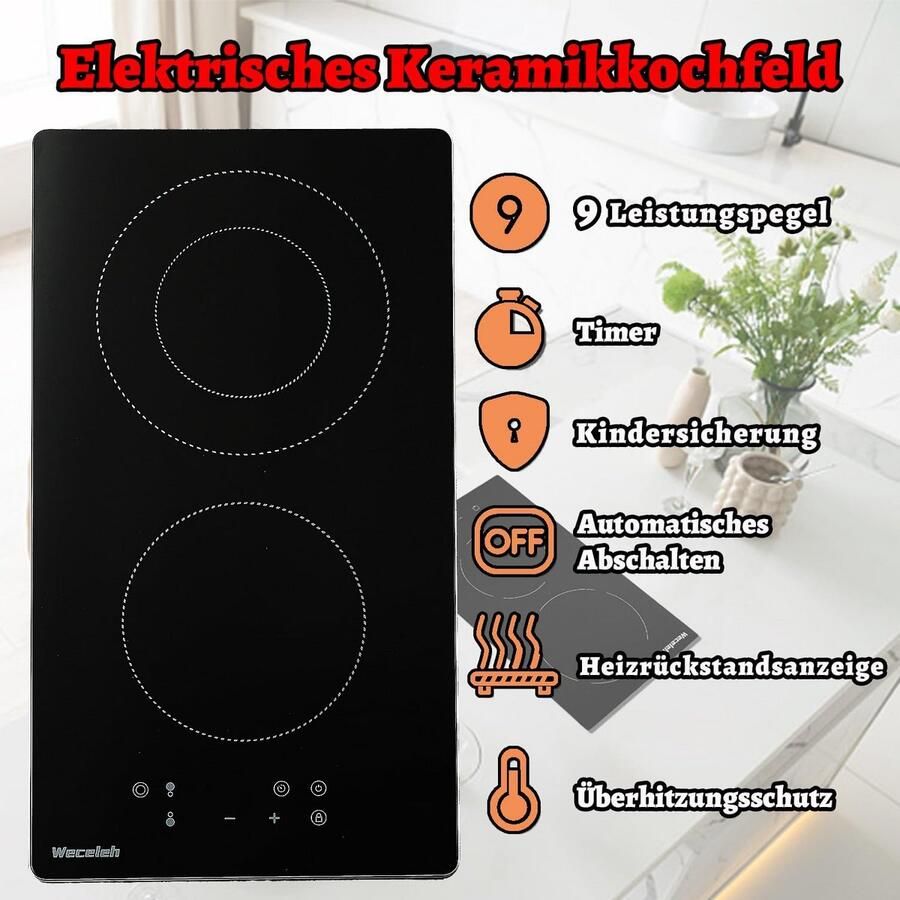 Inbouw Keramische Kookplaat 2 Zones 3200W Sensor Touch & Veiligheid