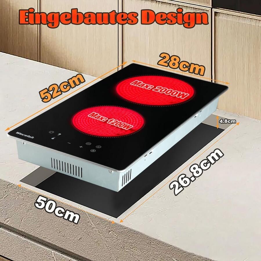 Inbouw Keramische Kookplaat 2 Zones 3200W Sensor Touch & Veiligheid