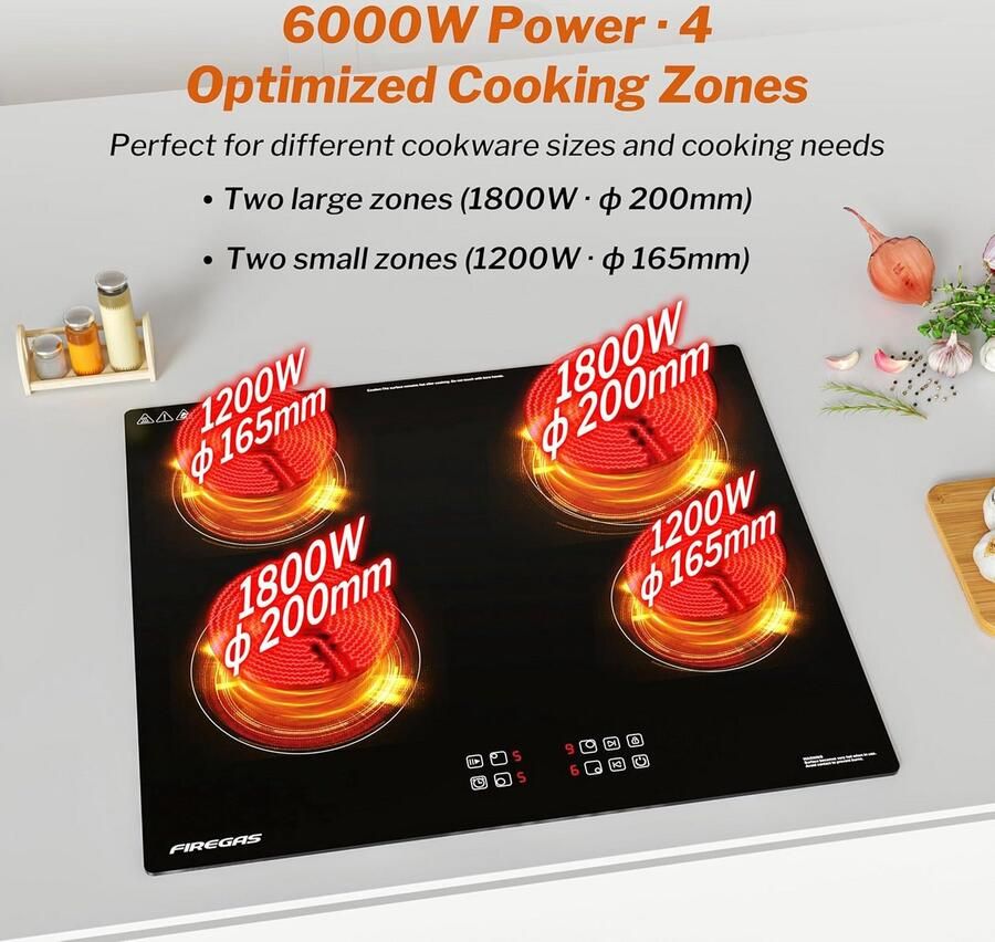 Inbouw Keramische Kookplaat 60 cm 4 Zones Touchbediening & Timer Geschikt voor Alle Pannen