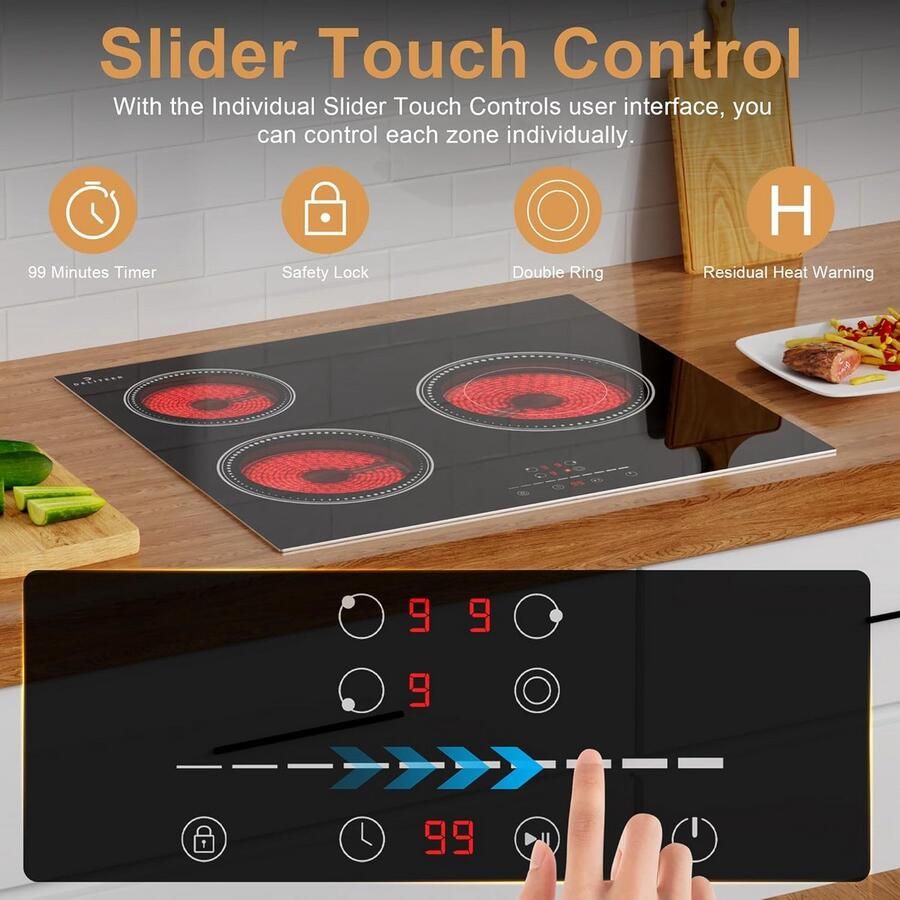 Inbouw Keramische Kookplaat 60 cm met 3 Zones en Slider Touch Controle 5200W - Foto 2