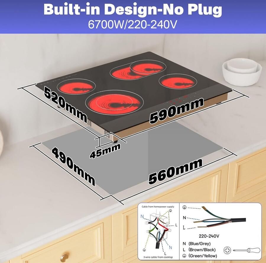 Inbouw Keramische Kookplaat 60 cm met 4 Zones en Touchbediening Inclusief Vispan