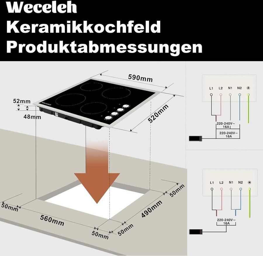Inbouw Keramische Kookplaat 60 cm Zwart Glas 4 Zones 6000W