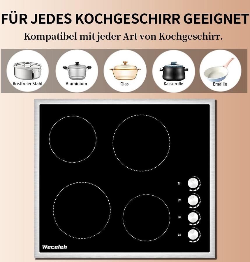 Inbouw Keramische Kookplaat 60 cm Zwart Glas 4 Zones 6000W