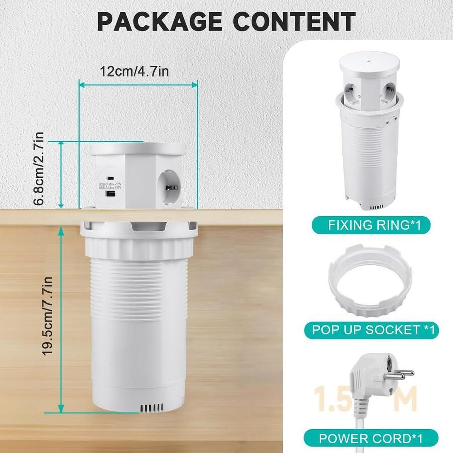 Inbouw Stopcontact Keuken met USB-C USB-A en Draadloos Opladen Uitschuifbaar Werkblad Contactdoos