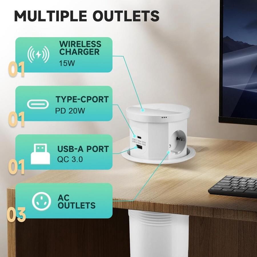 Inbouw Stopcontact Keuken met USB-C USB-A en Draadloos Opladen Uitschuifbaar Werkblad Contactdoos