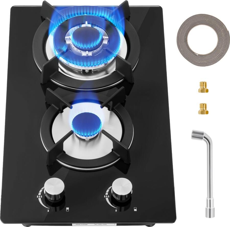 Inbouwkookplaat 2 Branders Aardgas en Propaan Gehard Glas 220V 4300W Gaskookplaat
