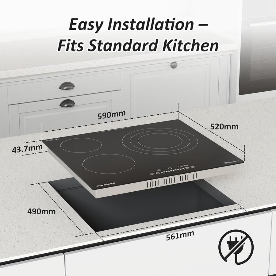 Inbouwkookplaat Glaskeramiek Keramische Kookplaat Koken Thuis Drie Flexibele Zones 59 cm Zwart