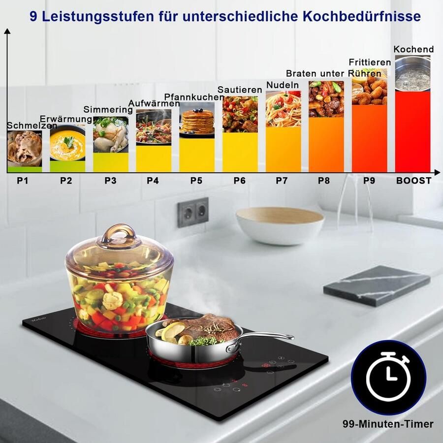 Inbouwkookplaat Keramisch 30cm 2 Zones 3200W Touch Control Timer & Kinderslot - Foto 2