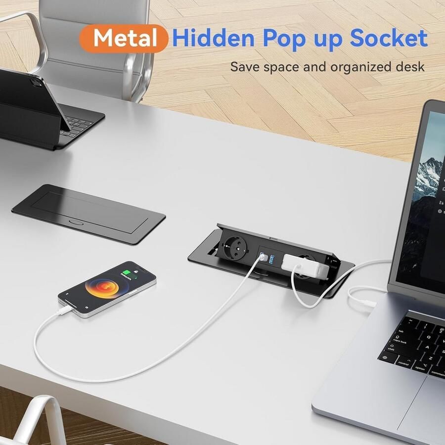 Inbouwtafelstopcontact met USB-C PD 20W en 2x USB-A Uitschuifbaar voor Keuken