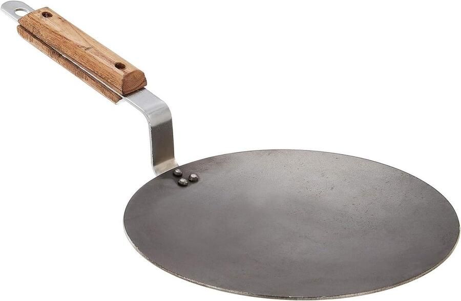 Indiase Tawa Pan Platte Bakplaat Roti's Bakken Houten Handvat 25 cm Rond Zwart