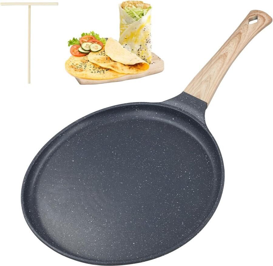 Inductie 24 cm palathampan met deegverdeler pannenkoekenpan met echte steendeeltjes antiaanbaklaag PFOA-vrij houten handvat voor alle warmtebronnen