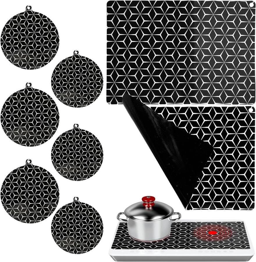 Inductie beschermmat Fornuis deken Kookplaat beschermen Hittebestendig tot 240°C Set van 8 Zwart