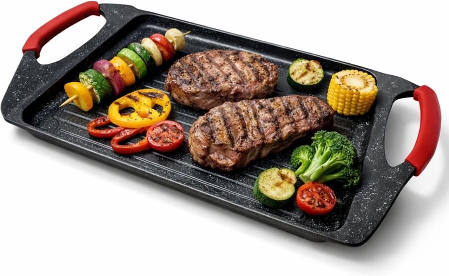 Inductie Grillpan Antiaanbak Plaat Gezond Koken Gegoten Aluminium 455 x 27 cm Zwart