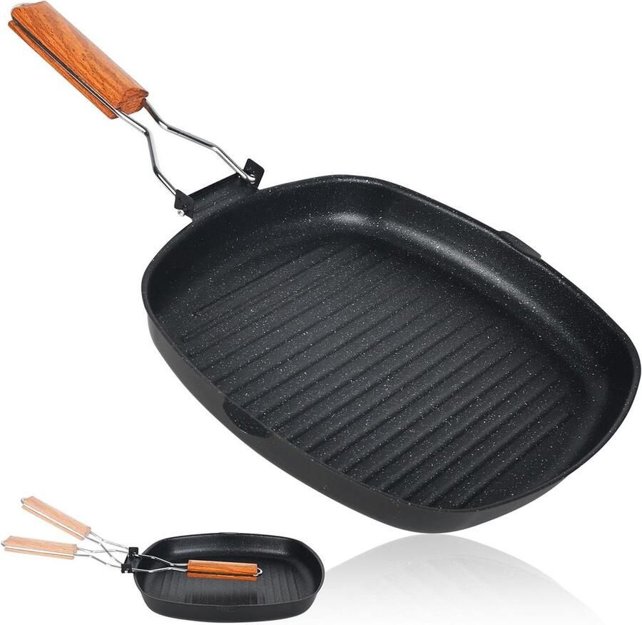 Inductie Grillpan Steakpan Koekenpan Vlees Grillen Opklapbaar Handvat 28 x 28 cm Zwart