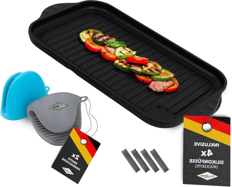 Inductie Grillplaat Gegoten Aluminium Pan Lekker Koken Volledig Gegroefd 375 x 228 cm Zwart