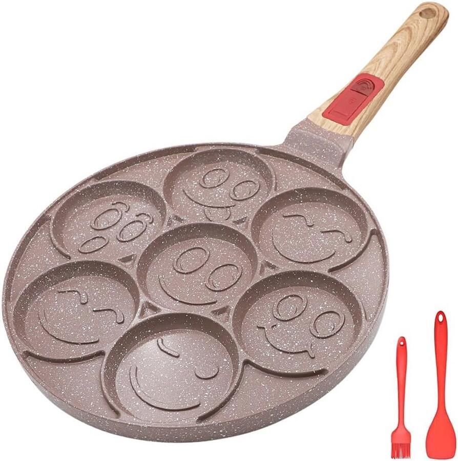 Inductie Keramische Pannenkoekenpan met Afneembaar Handvat 7-Gaats Smiley Gezicht Mini Pannenkoekenmaker